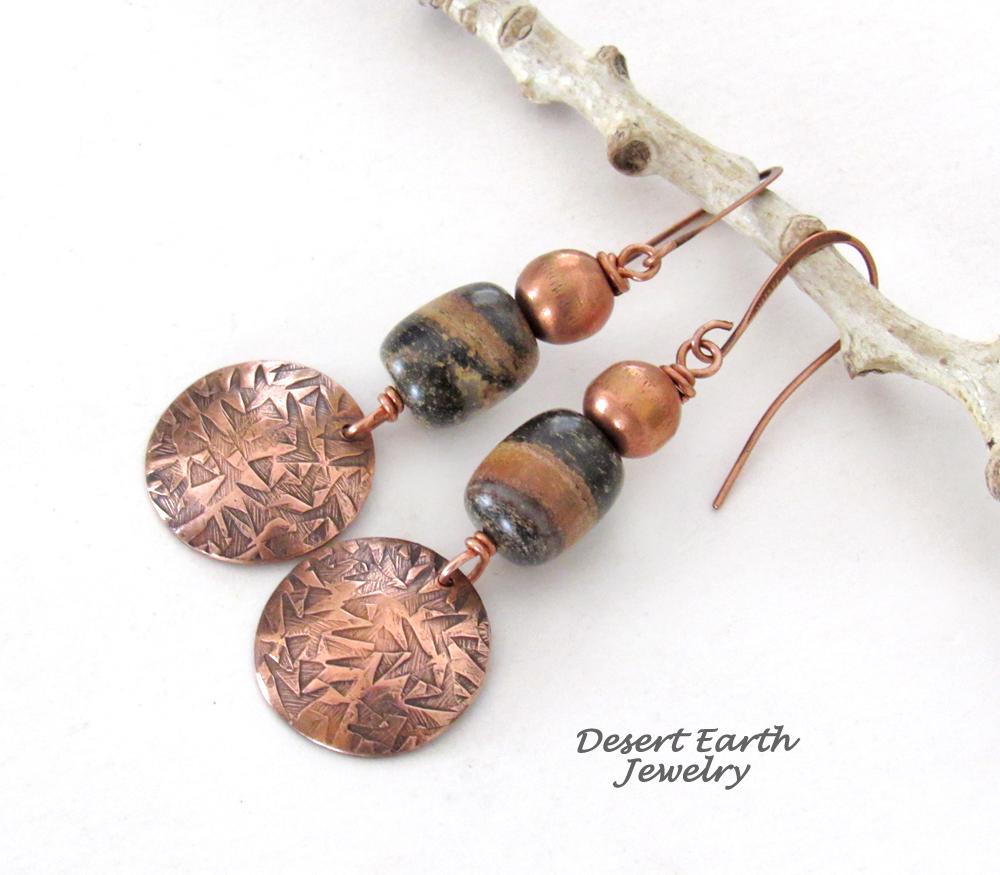 Round Copper Dangle Earrings with Brown Black Jasper Stones & Copper Beads - Handmade Modern Boho Style Jewelry