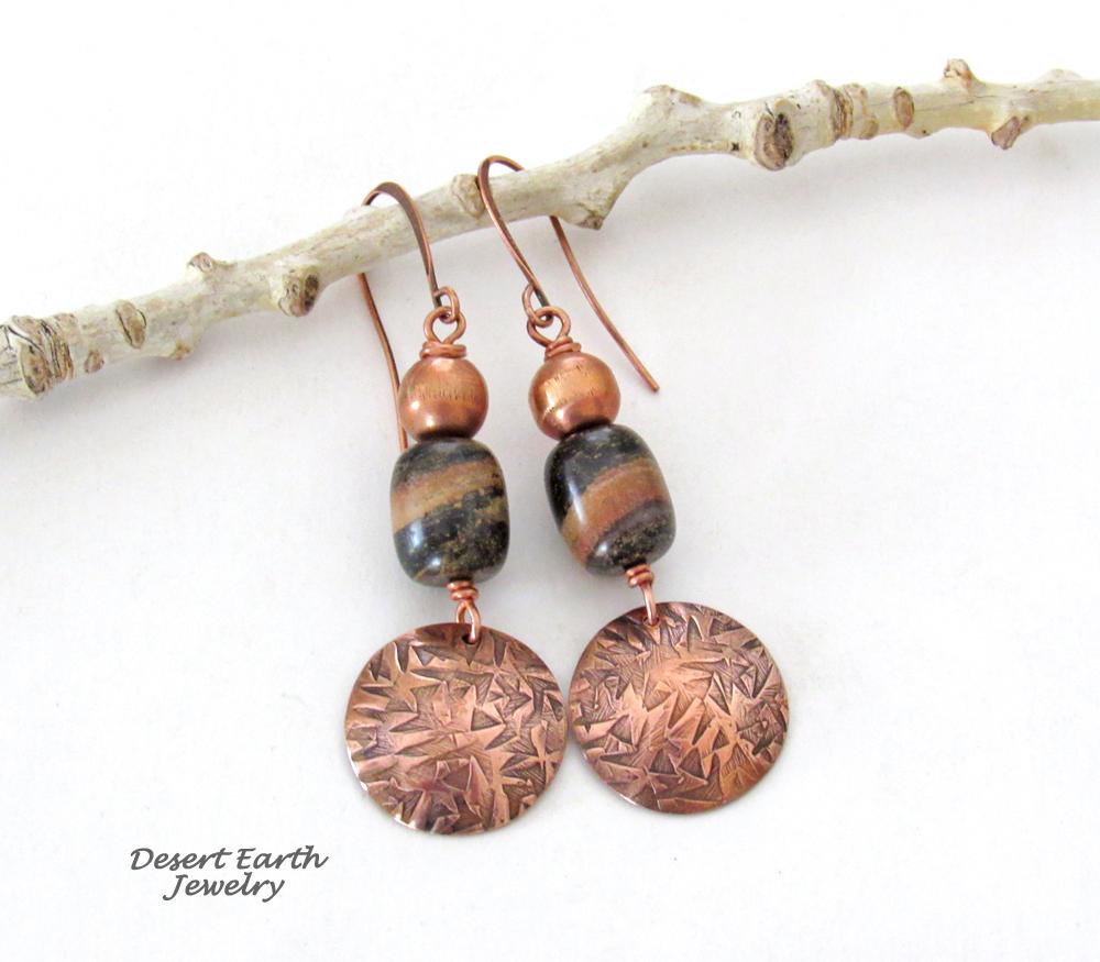 Round Copper Dangle Earrings with Brown Black Jasper Stones & Copper Beads - Handmade Modern Boho Style Jewelry