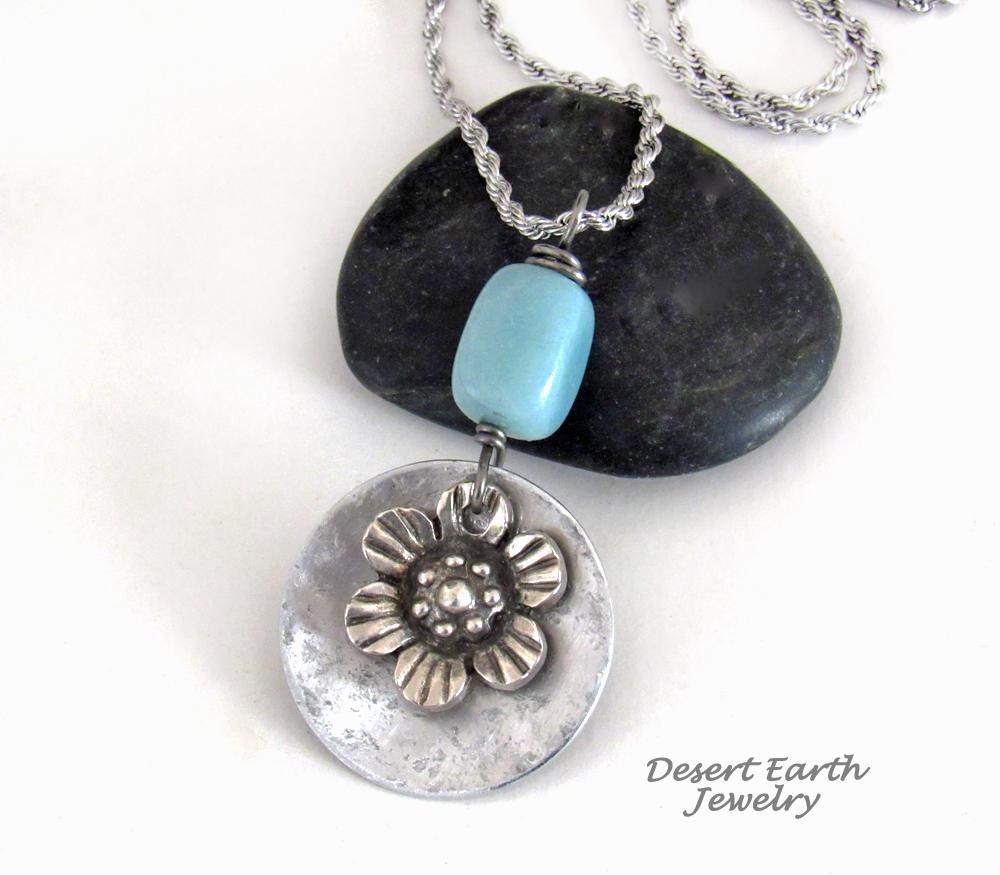 Silver Pewter Flower Pendant with Peruvian Blue Opal Stone on Stainless Steel Necklace - Floral Jewelry Gifts for Women