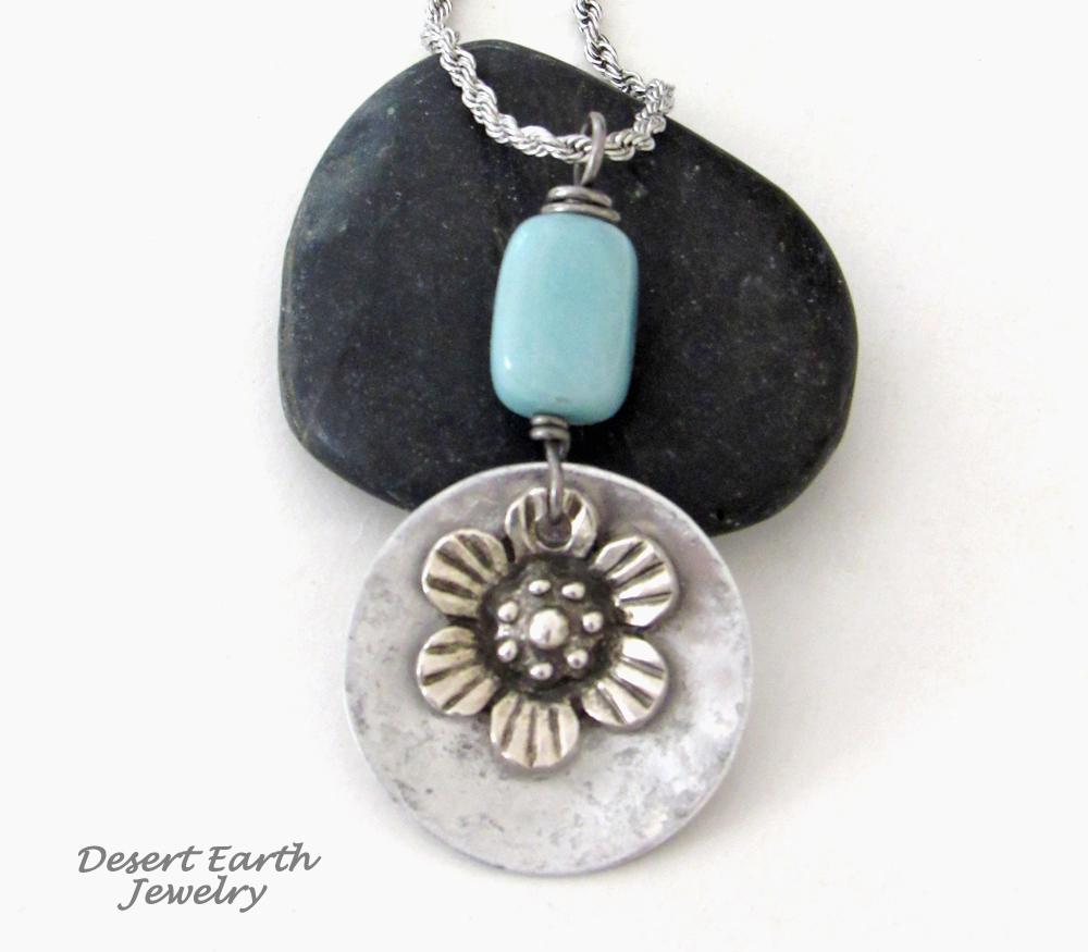 Silver Pewter Flower Pendant with Peruvian Blue Opal Stone on Stainless Steel Necklace - Floral Jewelry Gifts for Women