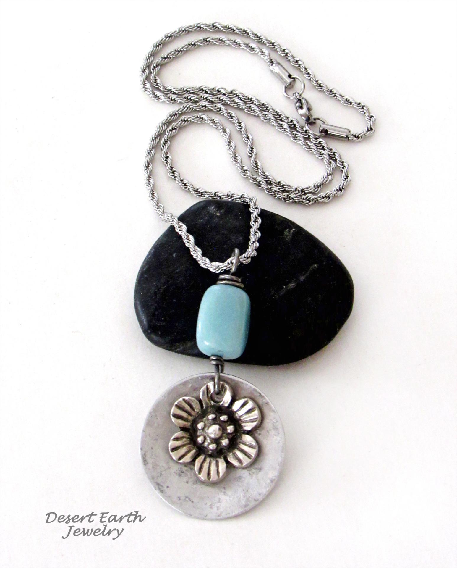 Silver Pewter Flower Pendant with Peruvian Blue Opal Stone on Stainless Steel Necklace - Floral Jewelry Gifts for Women