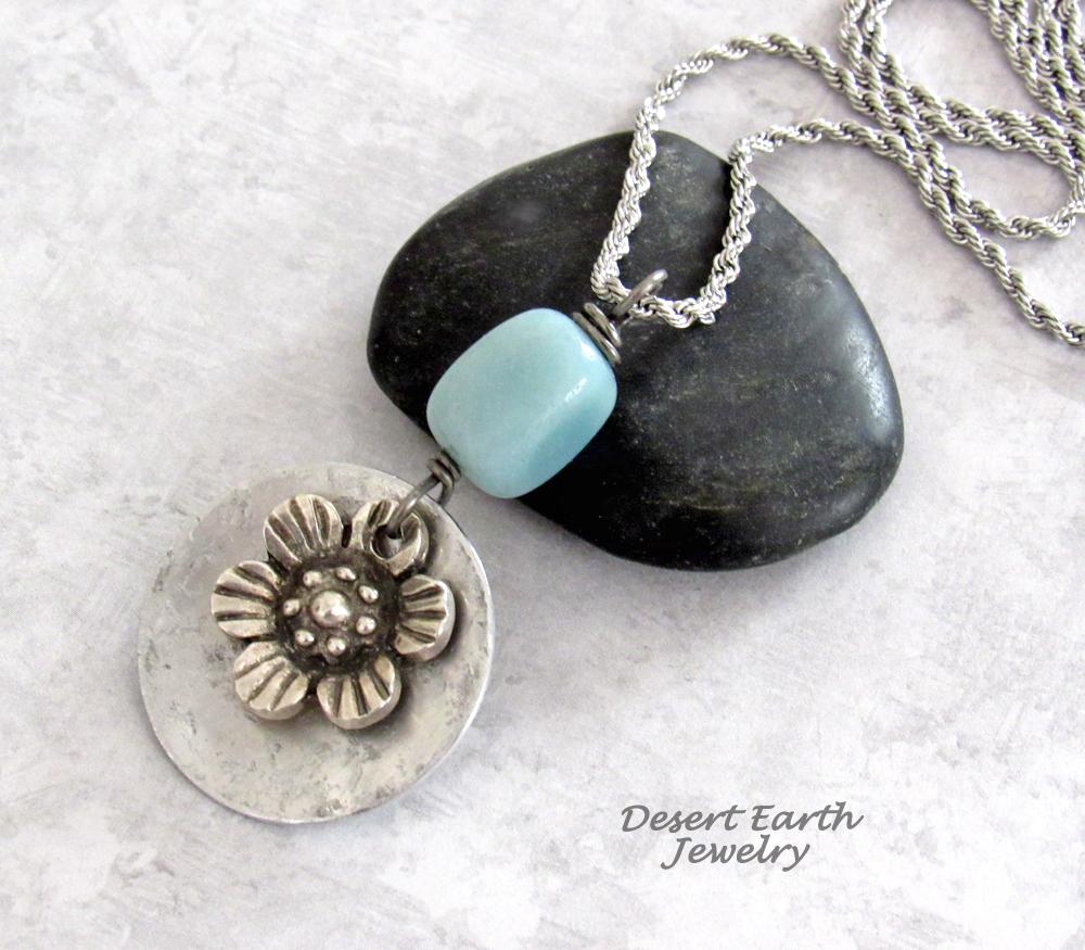 Silver Pewter Flower Pendant with Peruvian Blue Opal Stone on Stainless Steel Necklace - Floral Jewelry Gifts for Women