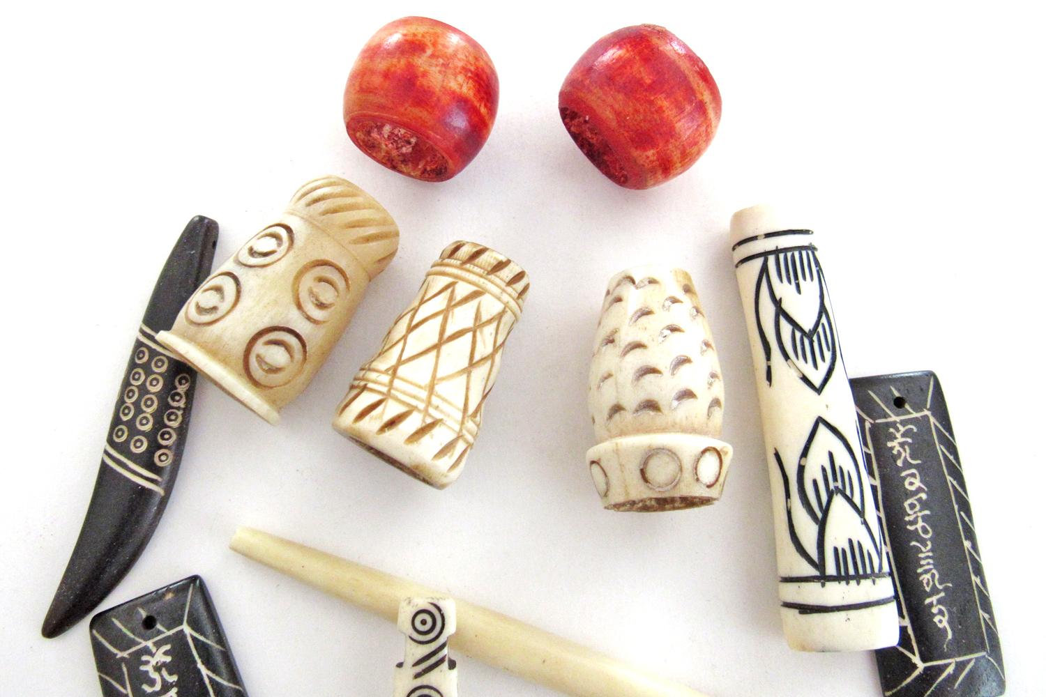  Ethnic Boho Tribal Style Carved Bone Bead Lot for Jewelry Making / Craft Supply