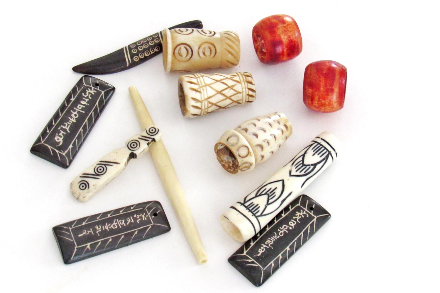  Ethnic Boho Tribal Style Carved Bone Bead Lot for Jewelry Making / Craft Supply