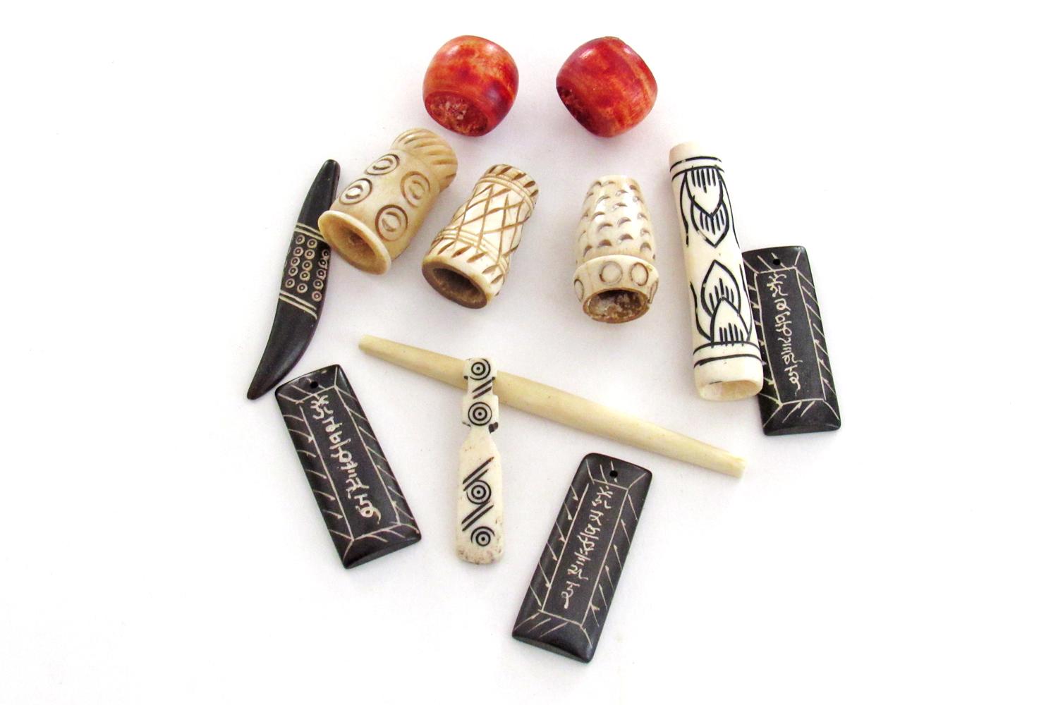  Ethnic Boho Tribal Style Carved Bone Bead Lot for Jewelry Making / Craft Supply