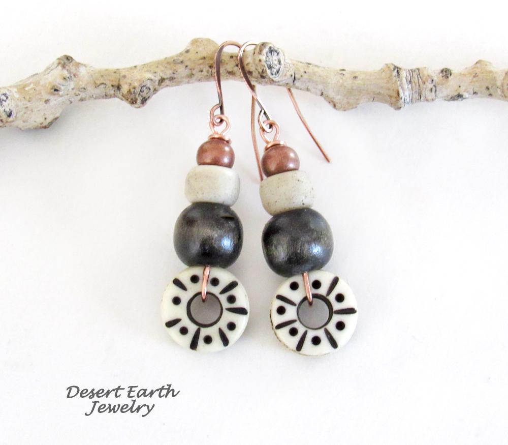 Boho Tribal Dangle Earrings with Copper, Wood & Carved African Bone & Glass Beads