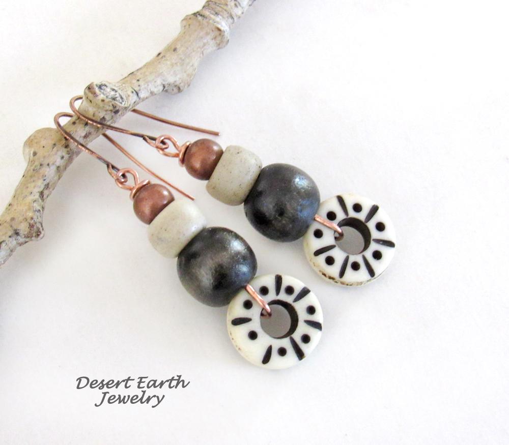 Boho Tribal Dangle Earrings with Copper, Wood & Carved African Bone & Glass Beads