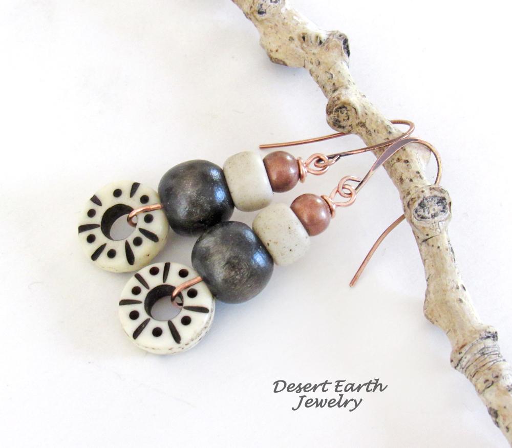 Boho Tribal Dangle Earrings with Copper, Wood & Carved African Bone & Glass Beads