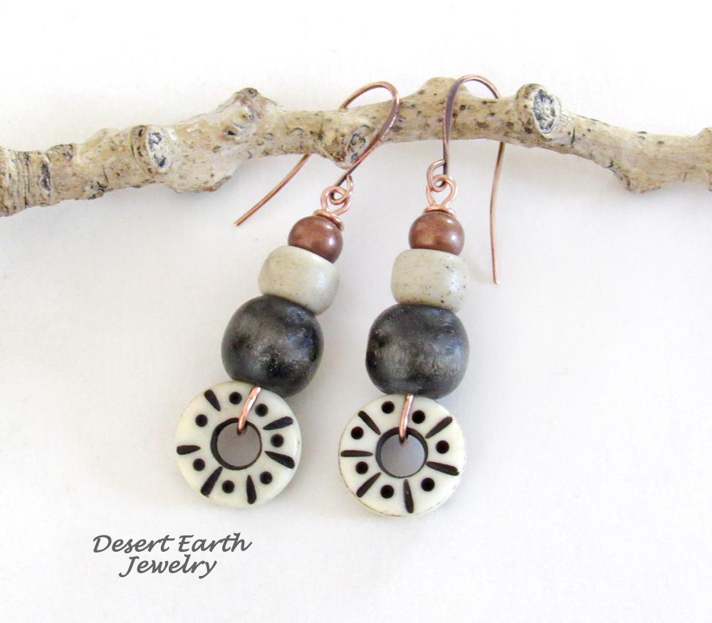 Boho Tribal Dangle Earrings with Copper, Wood & Carved African Bone & Glass Beads