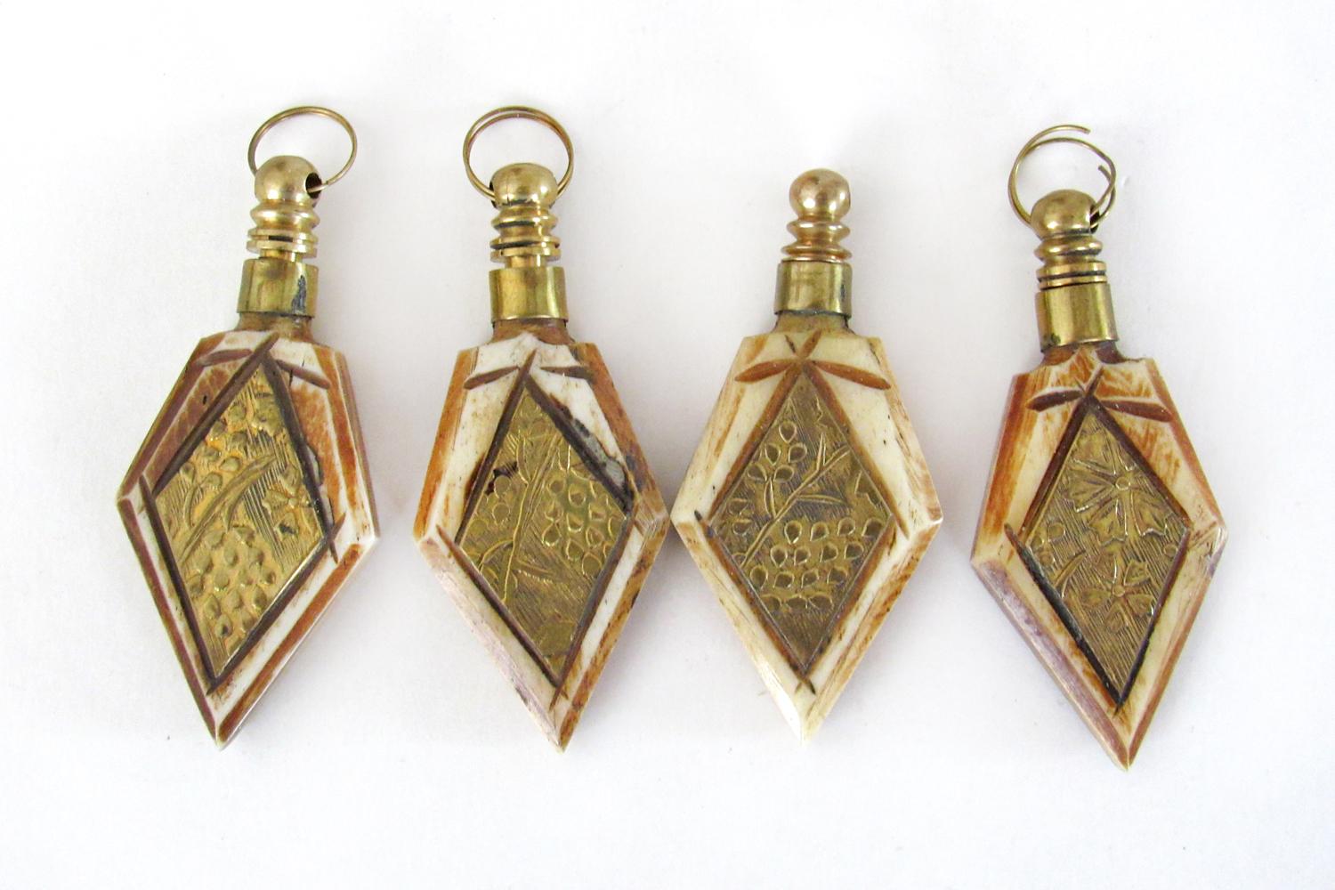 Ethnic Style Carved Bone and Brass Pendants for Jewelry Making - Set of 4 / Craft Supply