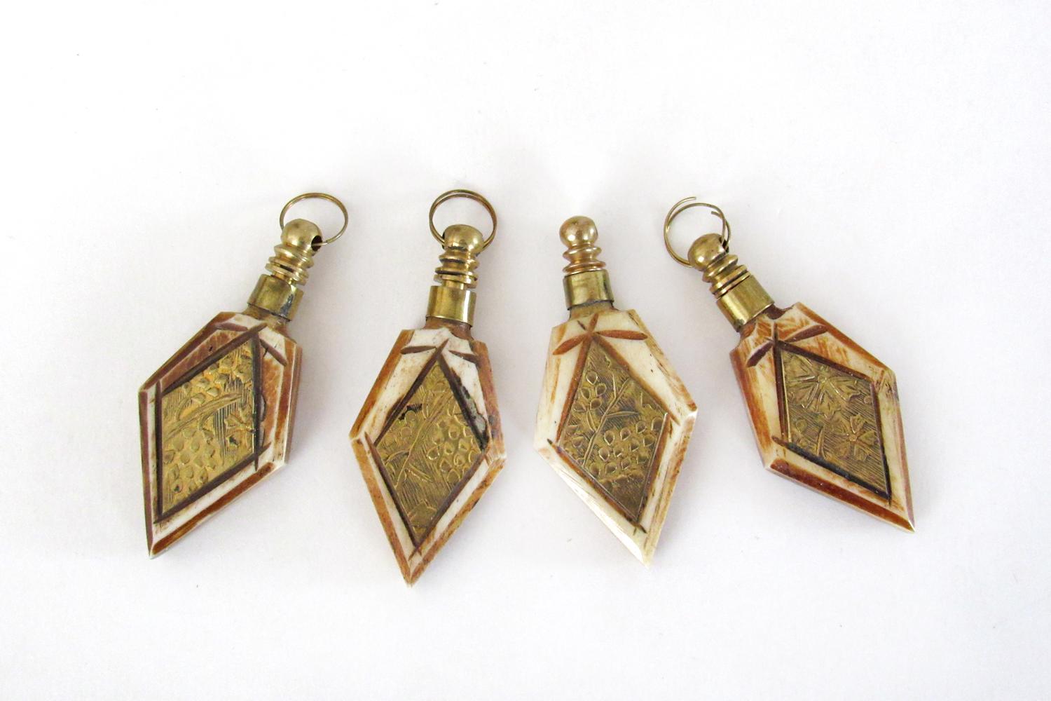 Ethnic Style Carved Bone and Brass Pendants for Jewelry Making - Set of 4 / Craft Supply
