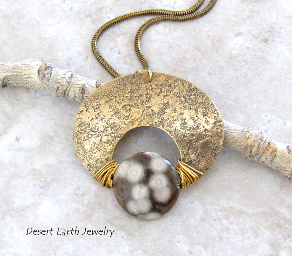 Ocean Jasper & Gold Brass Pendant Necklace - Artisan Handmade One of a Kind Natural Stone Jewelry