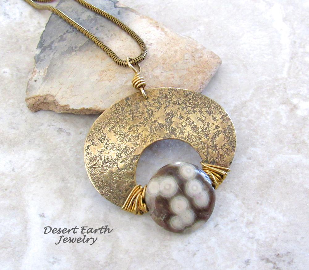 Ocean Jasper & Gold Brass Pendant Necklace - Artisan Handmade One of a Kind Natural Stone Jewelry