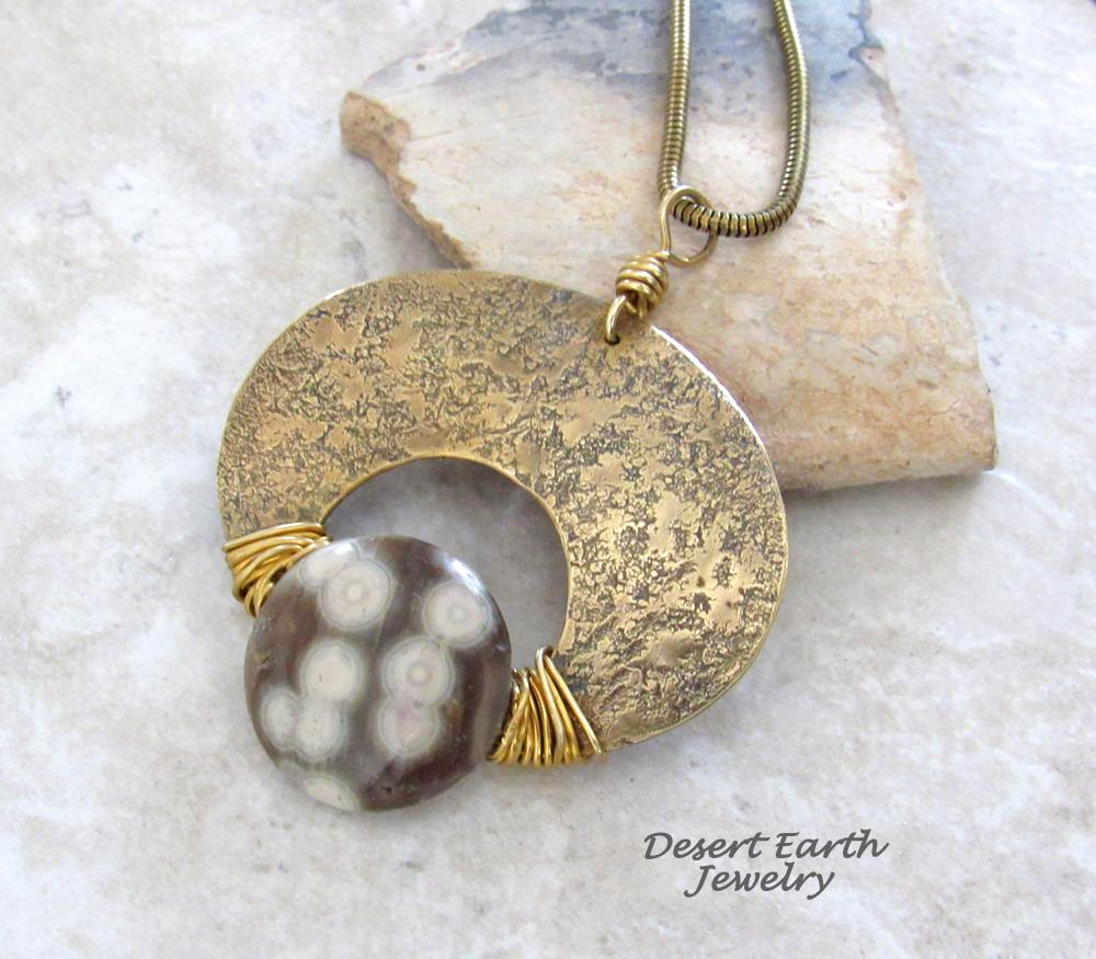 Ocean Jasper & Gold Brass Pendant Necklace - Artisan Handmade One of a Kind Natural Stone Jewelry