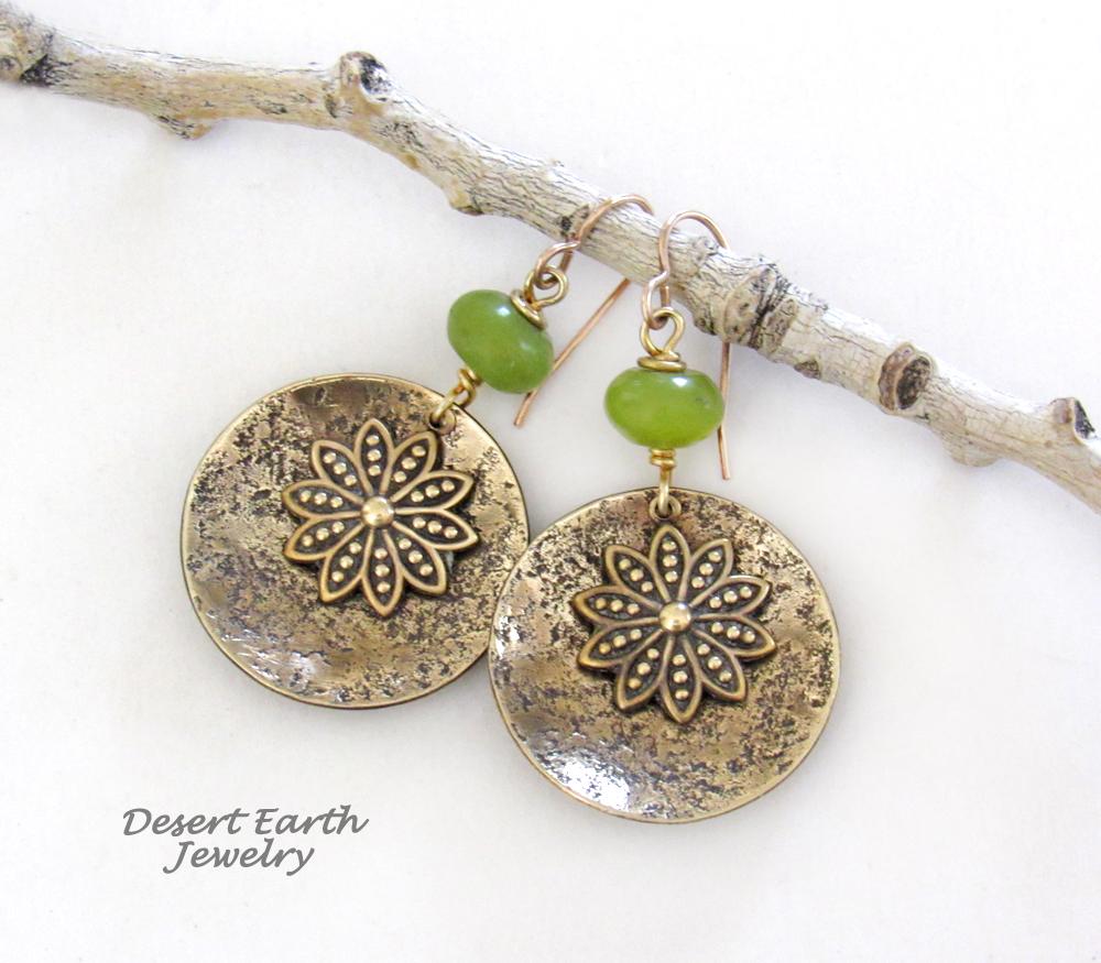 Gold Brass Dangle Earrings with Flower Charms & Green Serpentine Stones - Nature Jewelry Gifts for Women