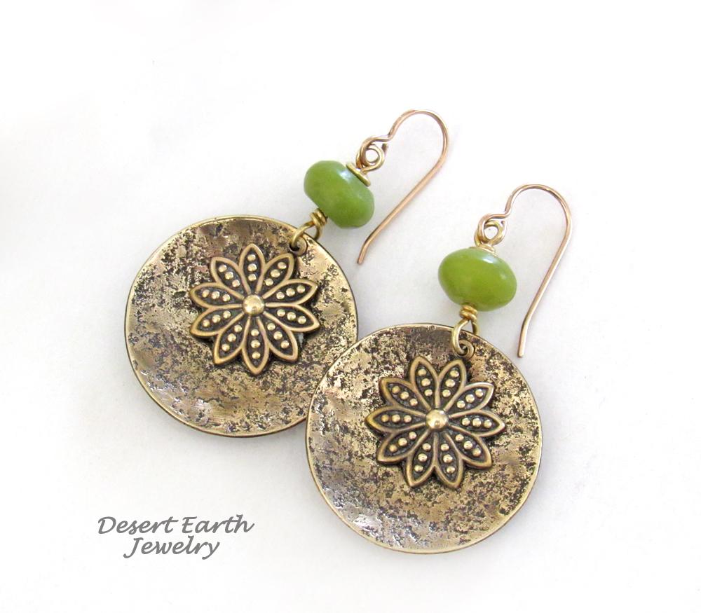 Gold Brass Dangle Earrings with Flower Charms & Green Serpentine Stones - Nature Jewelry Gifts for Women