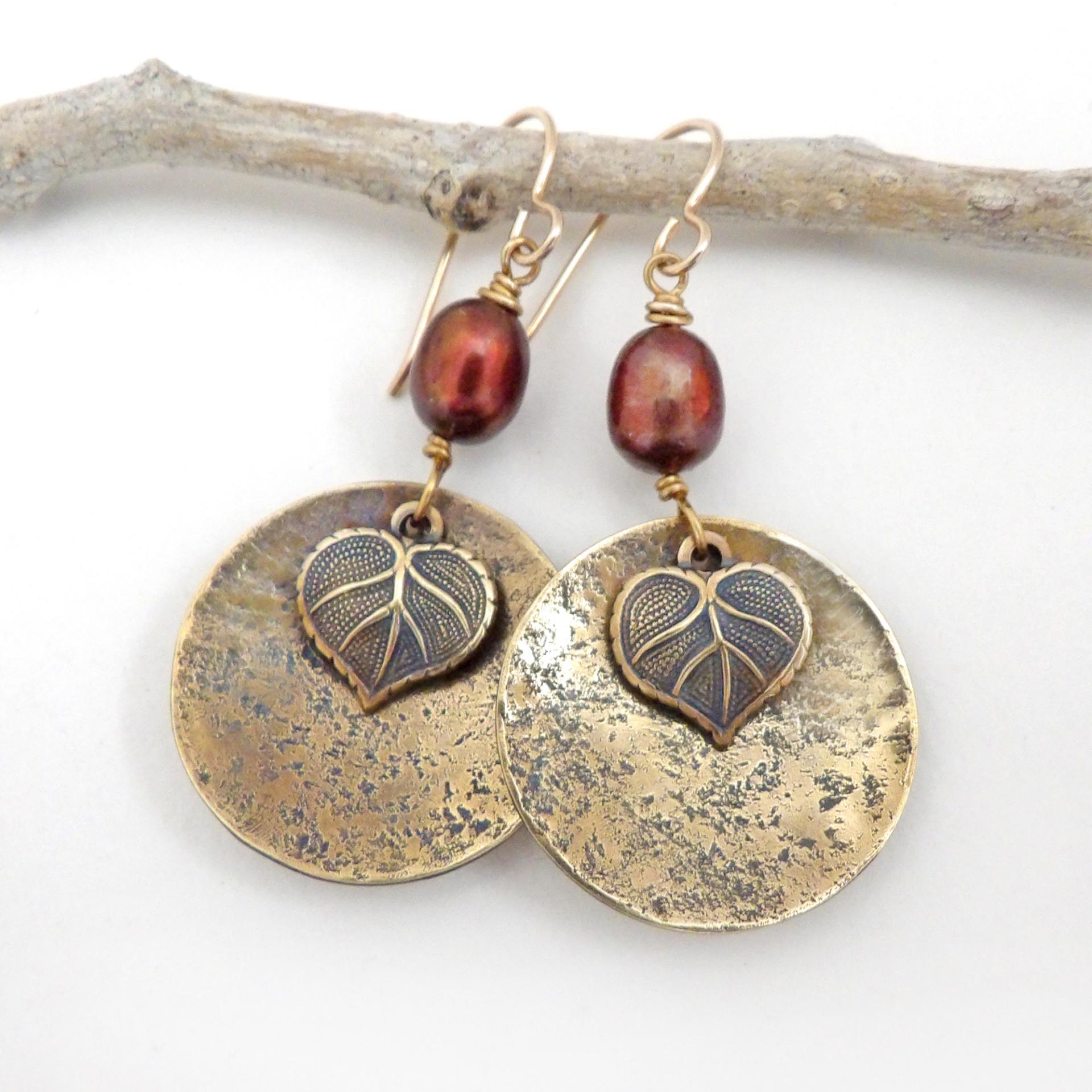 Gold Brass Earrings with Leaf Charms and Bronze Pearls - Earthy Nature Jewelry
