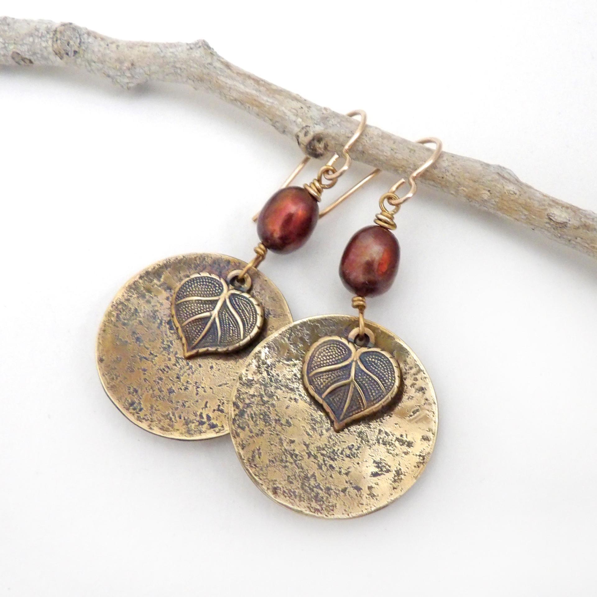Gold Brass Earrings with Leaf Charms and Bronze Pearls - Earthy Nature Jewelry
