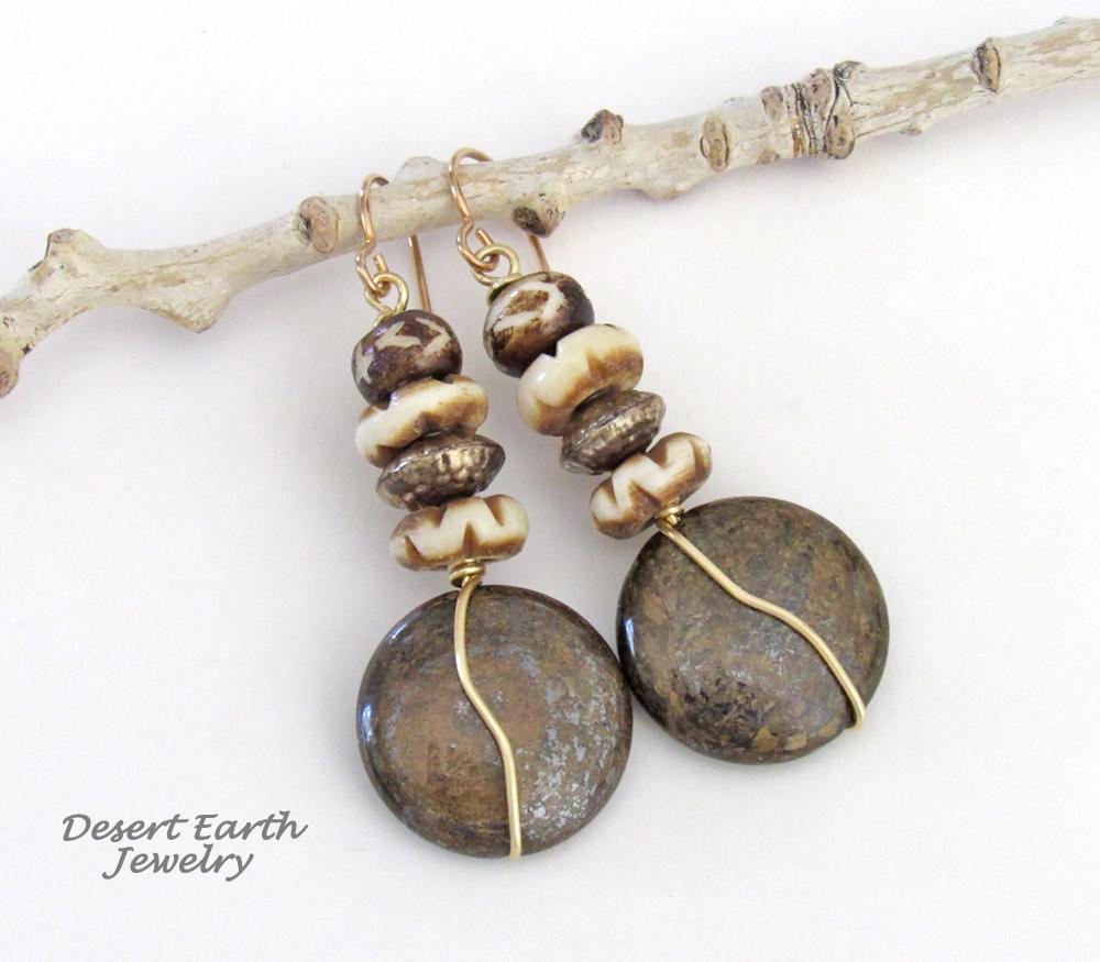 Brown Bronzite Stone Earrings with African Carved Bone & Brass Beads - Earthy Natural Boho Style Jewelry