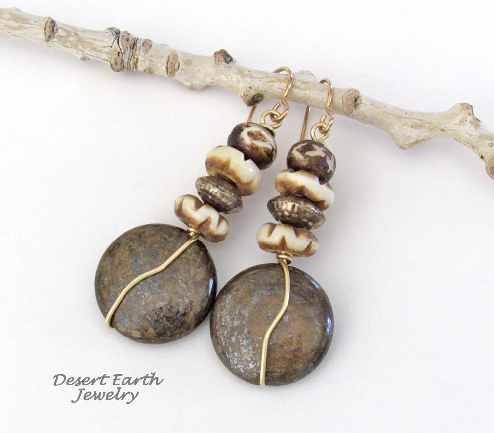 Brown Bronzite Stone Earrings with African Carved Bone & Brass Beads - Earthy Natural Boho Style Jewelry