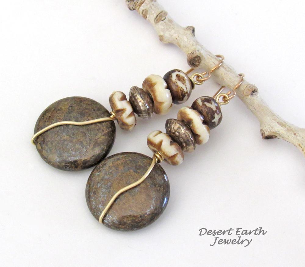 Brown Bronzite Stone Earrings with African Carved Bone & Brass Beads - Earthy Natural Boho Style Jewelry