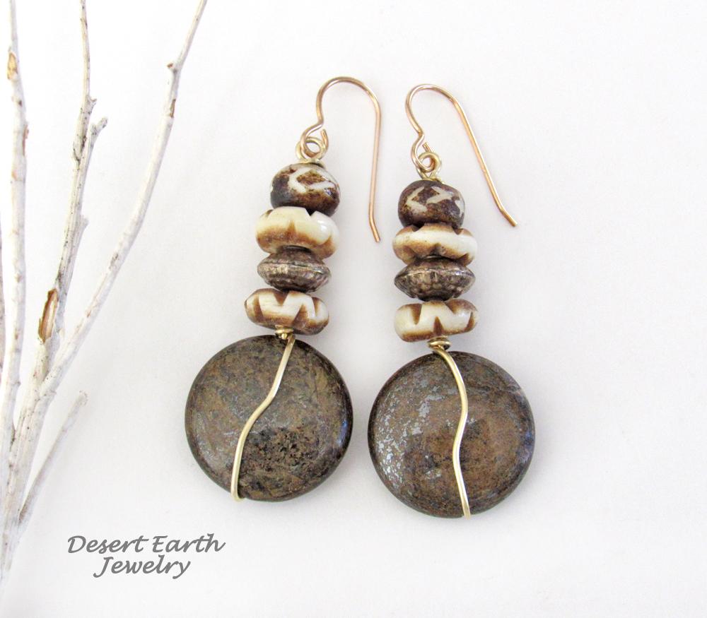 Brown Bronzite Stone Earrings with African Carved Bone & Brass Beads - Earthy Natural Boho Style Jewelry