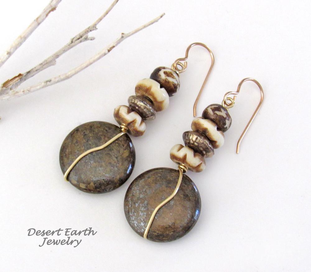 Brown Bronzite Stone Earrings with African Carved Bone & Brass Beads - Earthy Natural Boho Style Jewelry