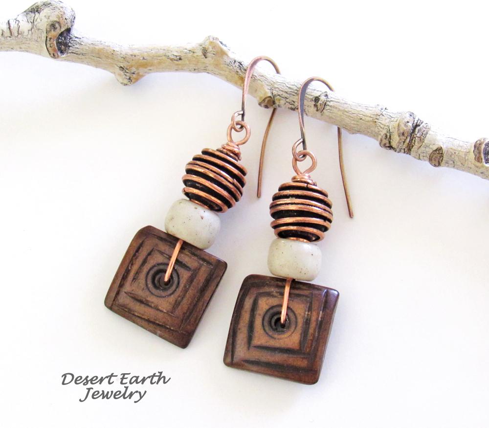 Boho Beaded Dangle Earrings with Brown Wood, Copper and African Glass Beads 