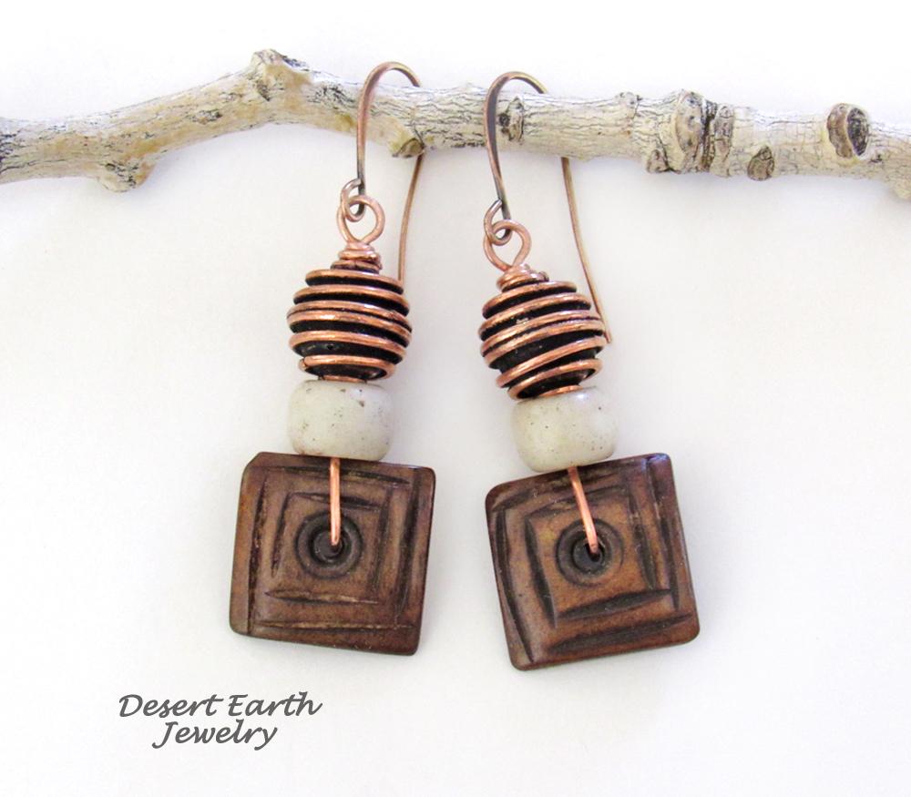 Boho Beaded Dangle Earrings with Brown Wood, Copper and African Glass Beads 