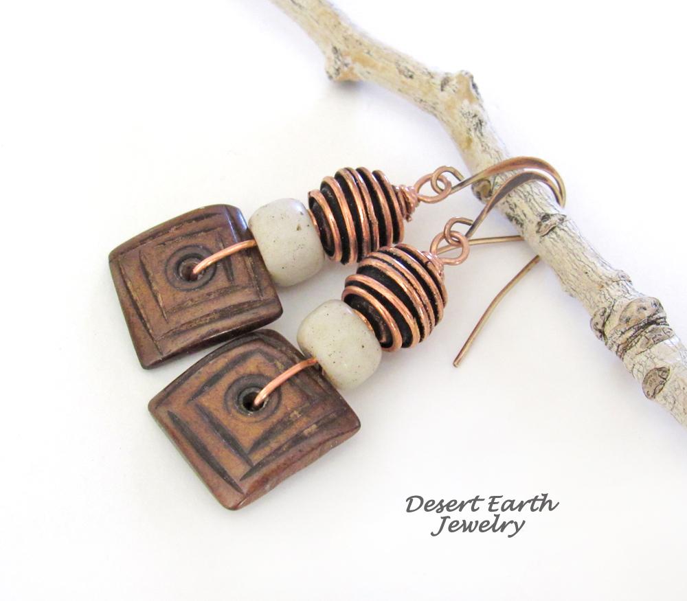Boho Beaded Dangle Earrings with Brown Wood, Copper and African Glass Beads 