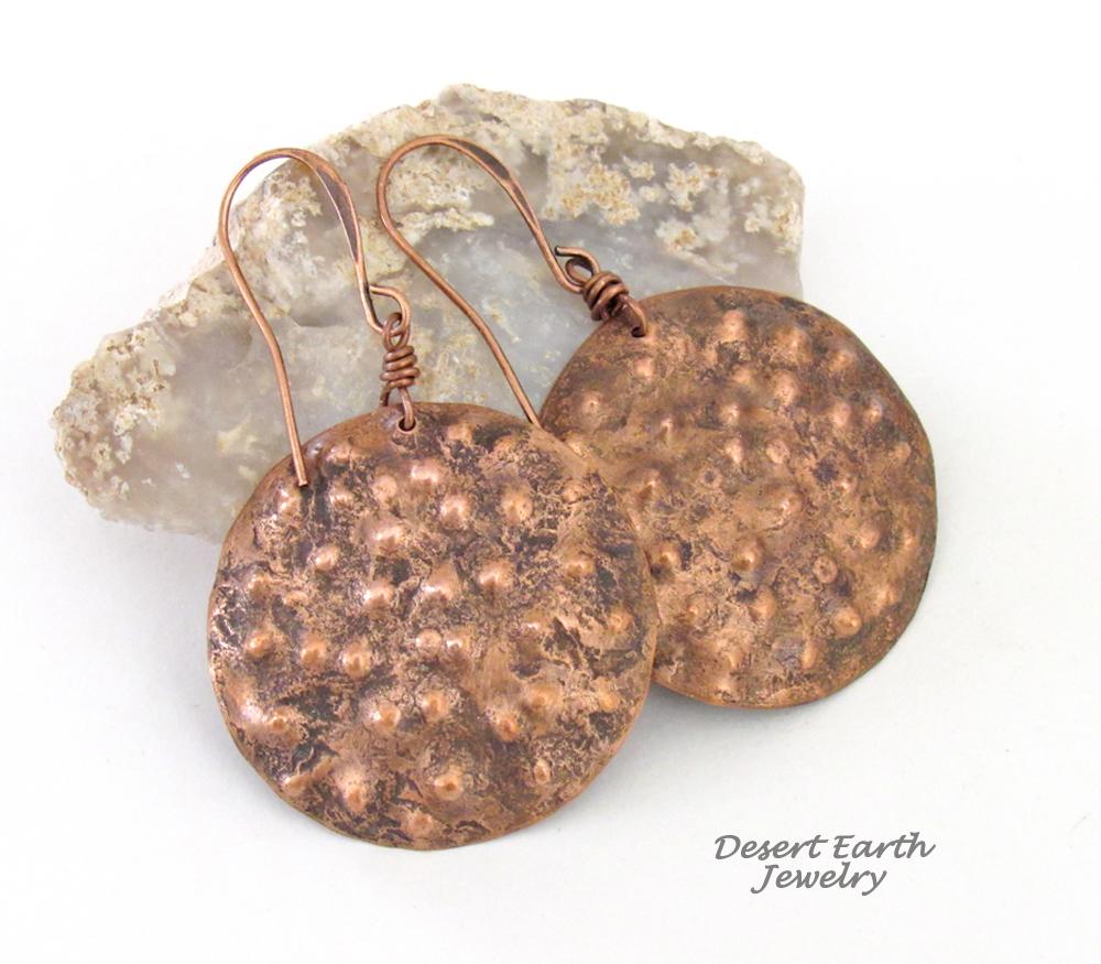 These handmade copper earrings have a rustic, hammered bumpy texture with a rustic organic, natural looking style. Perfect fo