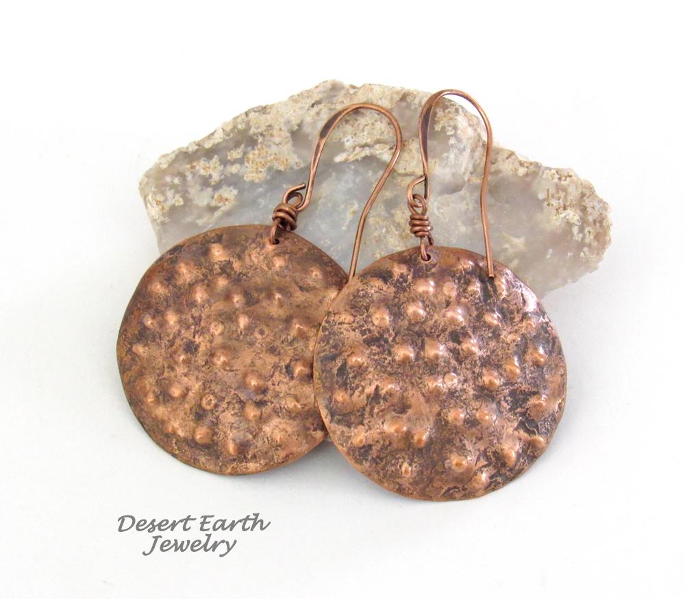 These handmade copper earrings have a rustic, hammered bumpy texture with a rustic organic, natural looking style. Perfect fo