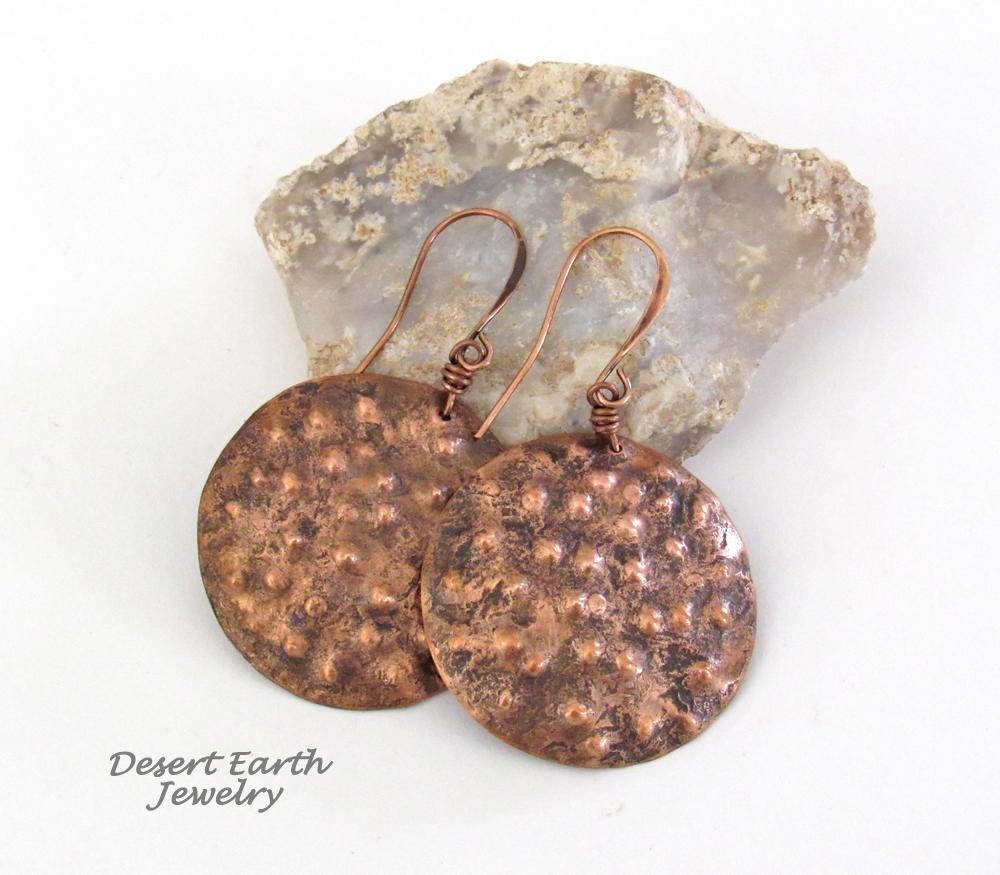 These handmade copper earrings have a rustic, hammered bumpy texture with a rustic organic, natural looking style. Perfect fo