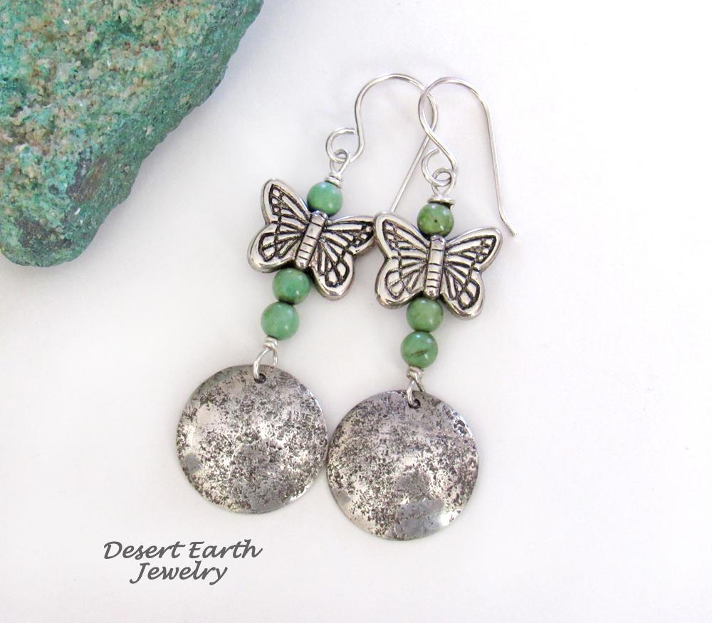 Sterling Silver & Turquoise Earrings with Butterfly Charms - Earthy Nature Gifts for Women & Teen Girls