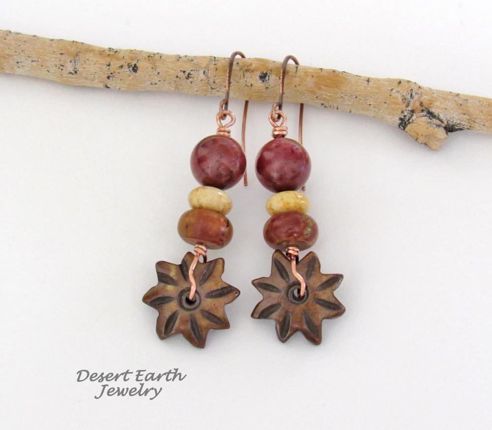 Brown Carved Wood Flower Earrings with Jasper & Fossilized Coral Beads - Earthy Natural Stone Jewelry 