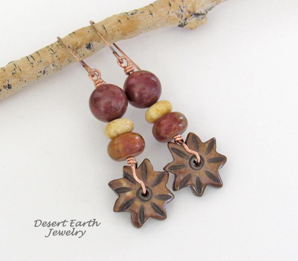 Brown Carved Wood Flower Earrings with Jasper & Fossilized Coral Beads - Earthy Natural Stone Jewelry 