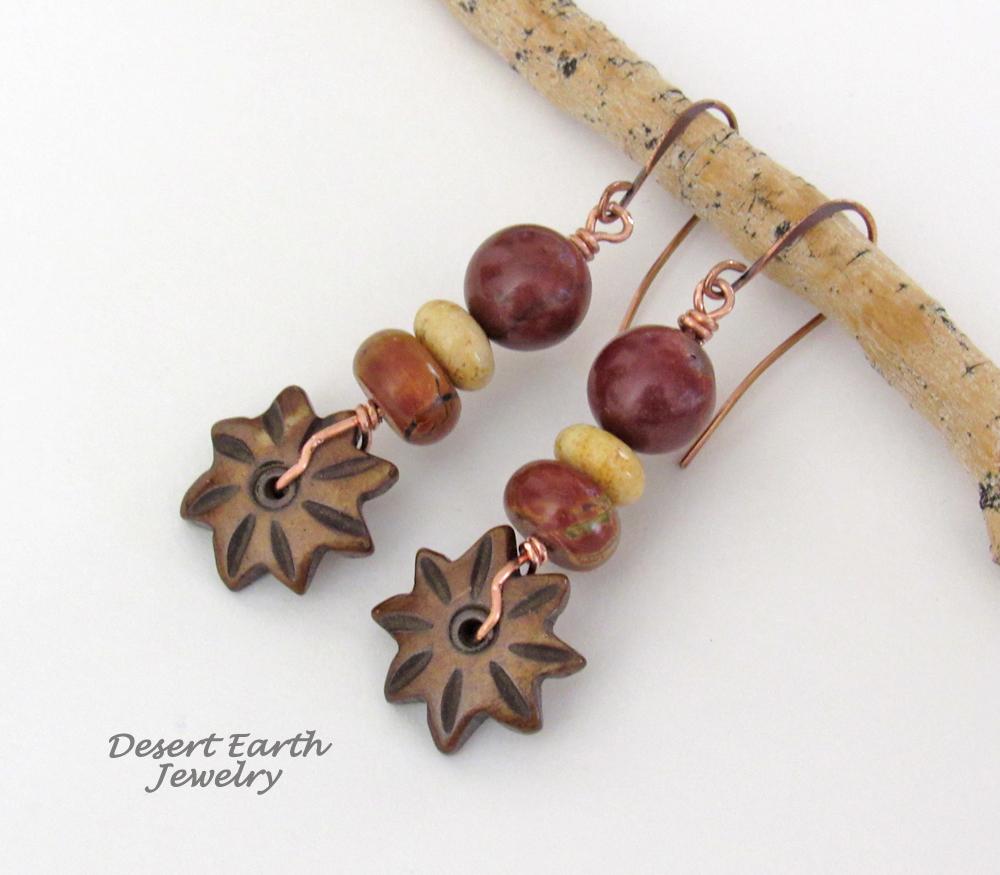 Brown Carved Wood Flower Earrings with Jasper & Fossilized Coral Beads - Earthy Natural Stone Jewelry 