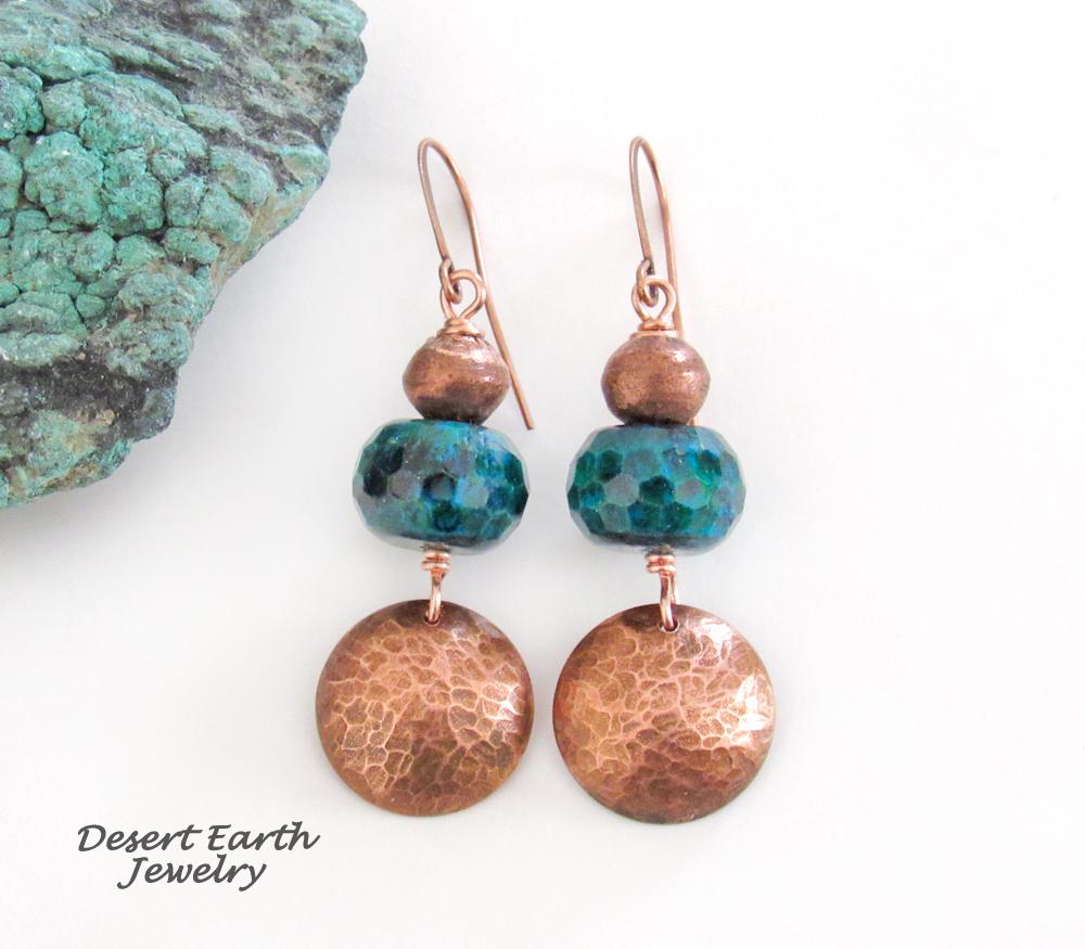 Hammered Copper Dangle Earrings with Faceted Blue Green Chrysocolla Stones