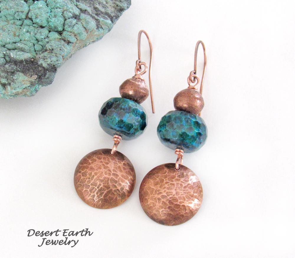 Hammered Copper Dangle Earrings with Faceted Blue Green Chrysocolla Stones