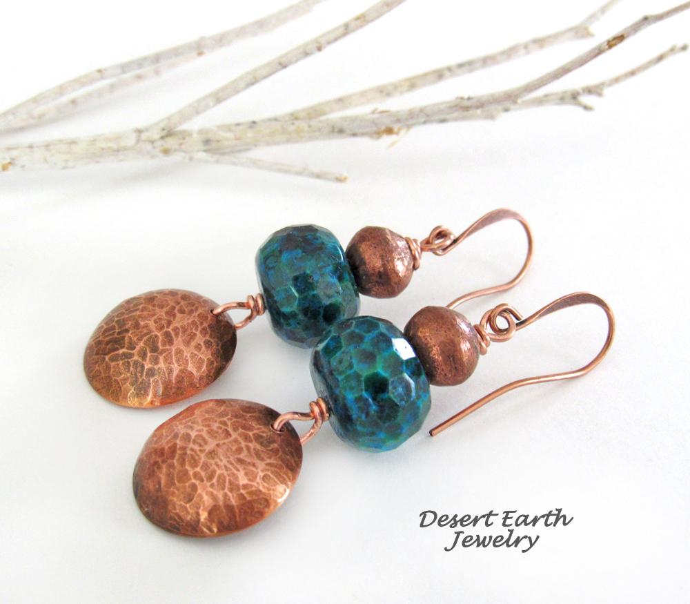 Hammered Copper Dangle Earrings with Faceted Blue Green Chrysocolla Stones