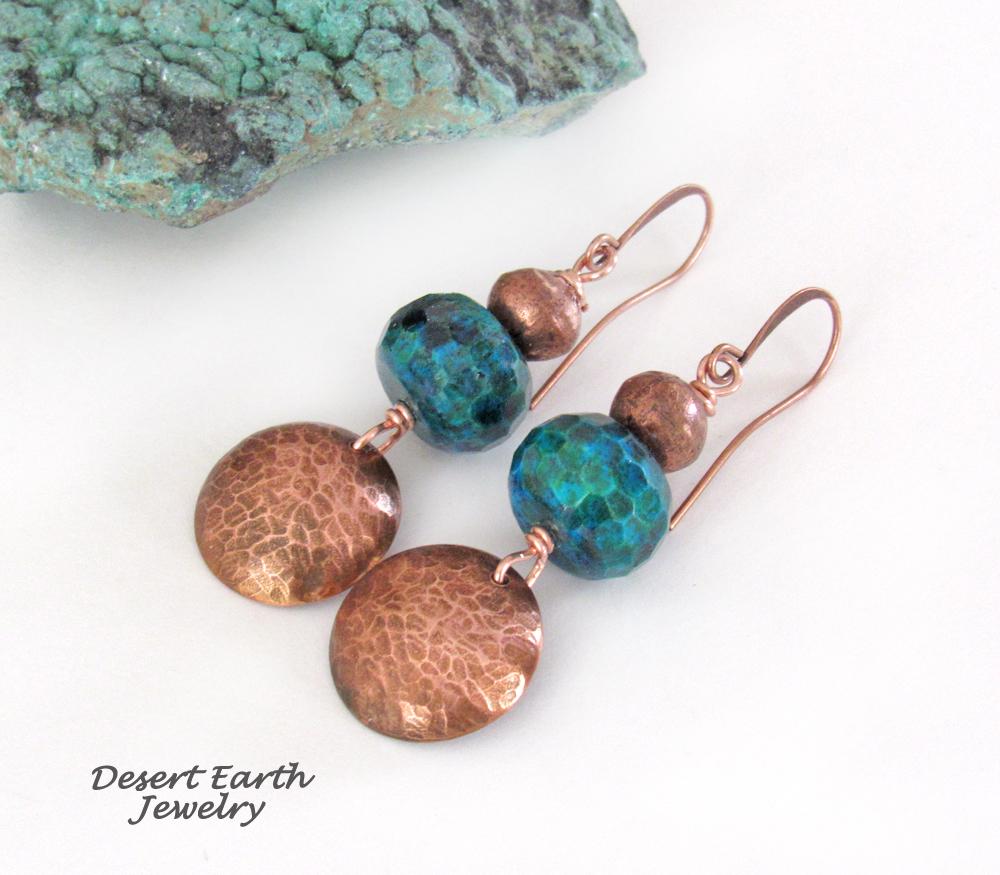 Hammered Copper Dangle Earrings with Faceted Blue Green Chrysocolla Stones