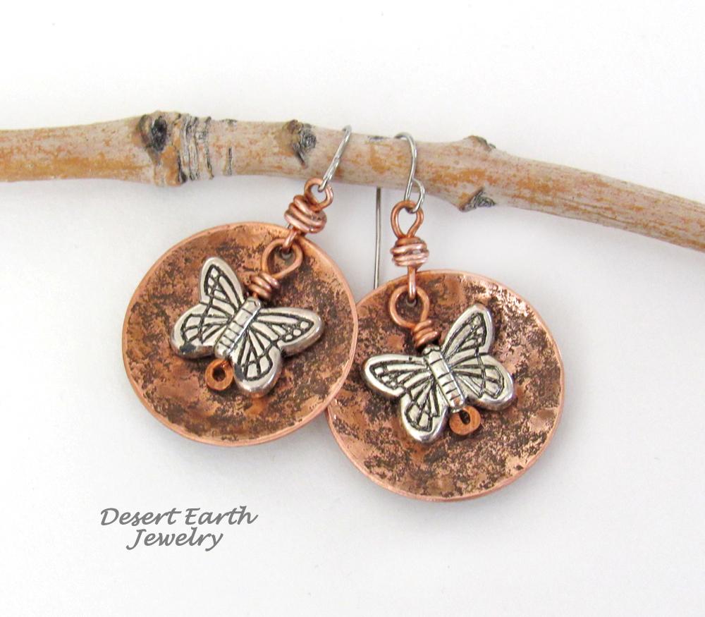 Round Copper Dangle Earrings with Silver Butterfly Charms - Earthy Nature Jewelry Gifts for Women & Teen Girls