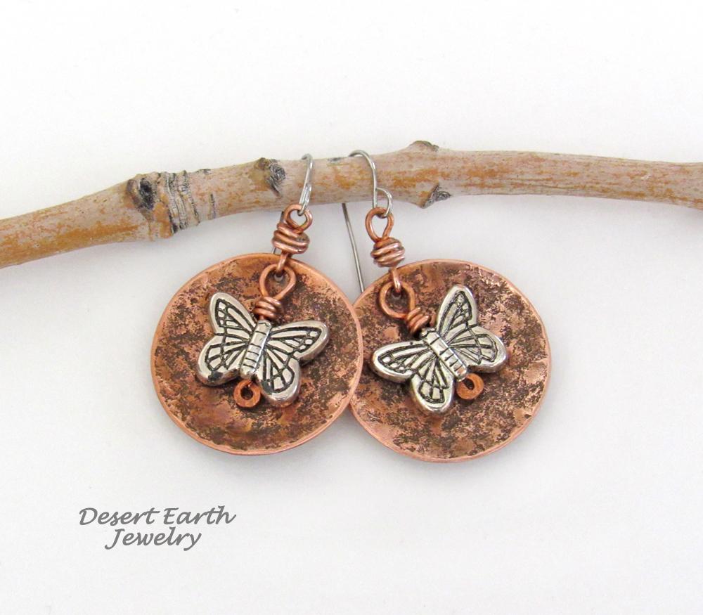 Round Copper Dangle Earrings with Silver Butterfly Charms - Earthy Nature Jewelry Gifts for Women & Teen Girls