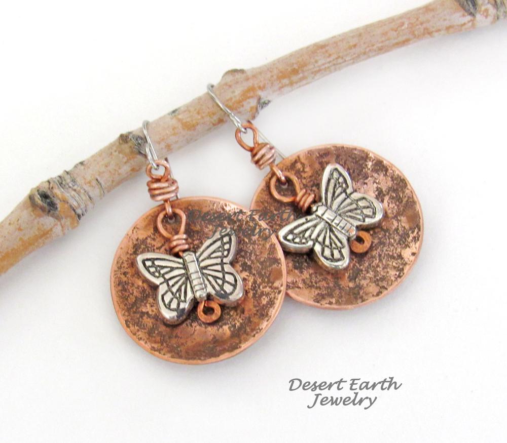 Round Copper Dangle Earrings with Silver Butterfly Charms - Earthy Nature Jewelry Gifts for Women & Teen Girls