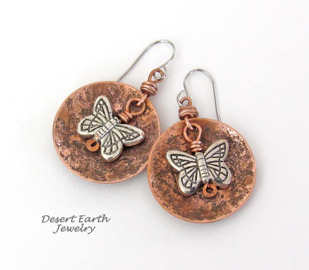 Round Copper Dangle Earrings with Silver Butterfly Charms - Earthy Nature Jewelry Gifts for Women & Teen Girls