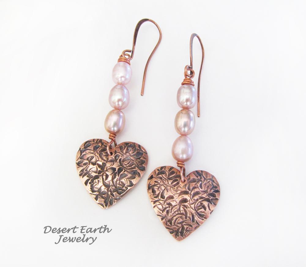 Copper Heart Dangle Earrings with Pink Pearls - Romantic Jewelry Gifts for Women