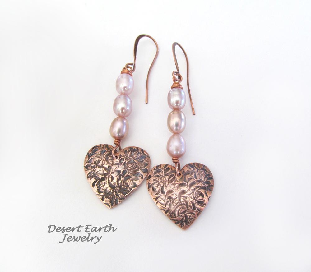 Copper Heart Dangle Earrings with Pink Pearls - Romantic Jewelry Gifts for Women