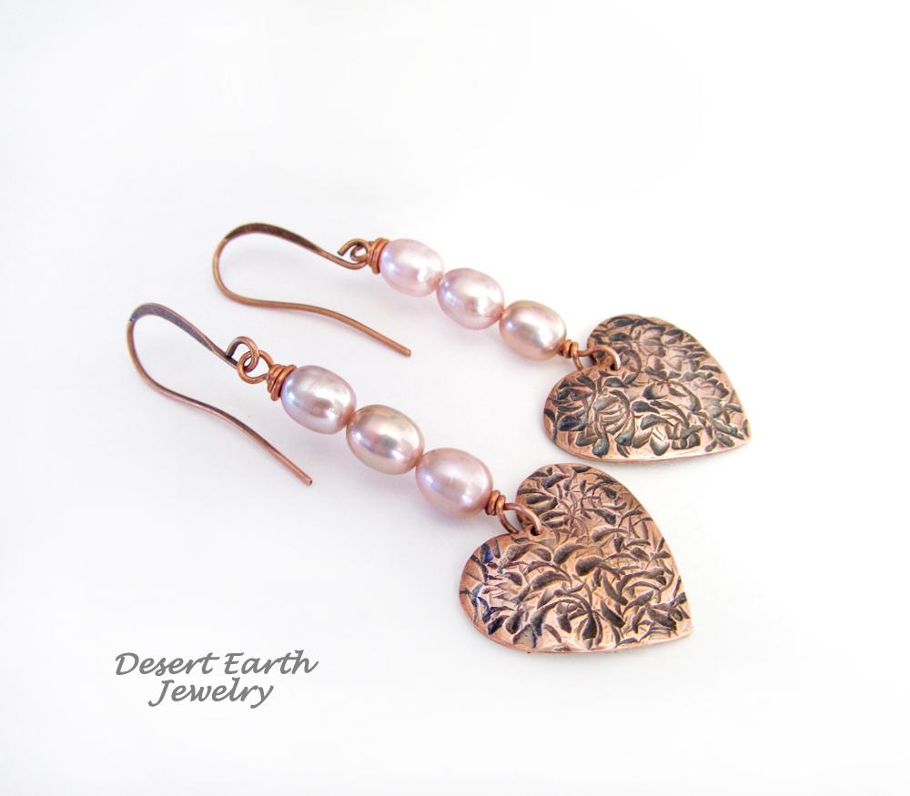 Copper Heart Dangle Earrings with Pink Pearls - Romantic Jewelry Gifts for Women