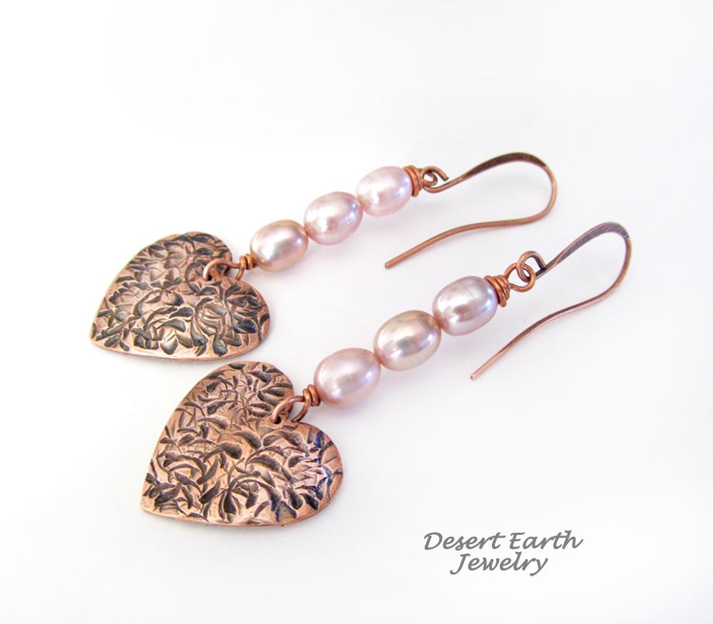 Copper Heart Dangle Earrings with Pink Pearls - Romantic Jewelry Gifts for Women