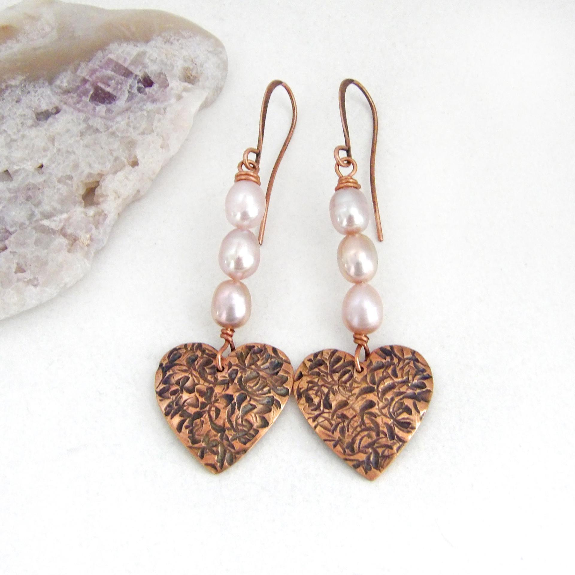 Copper Heart Dangle Earrings with Pink Pearls - Valentine Jewelry Gifts for Women